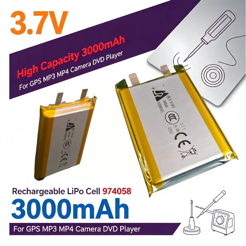 3000mAh 3.7V 974058 Rechargeable Lithium‑Polymer Battery for Digital Camera & GPS Unit