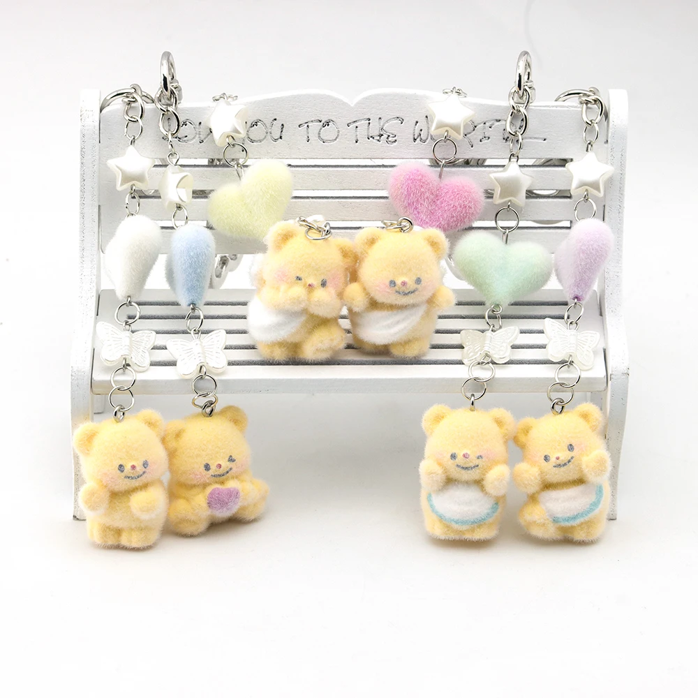 

1PCS Original Design 3D Resin Flocking yellow Bear Family Keychain for Bags Charm Gift Decoration DIY Fine Handicrafts Wholesale