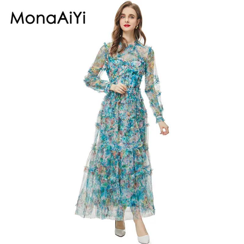 MonaAiYi New Fashion Runway Designer Women\'s Spring And Summer  Long Sleeved Wooden Ear Edge Printed Green Sheer Dress