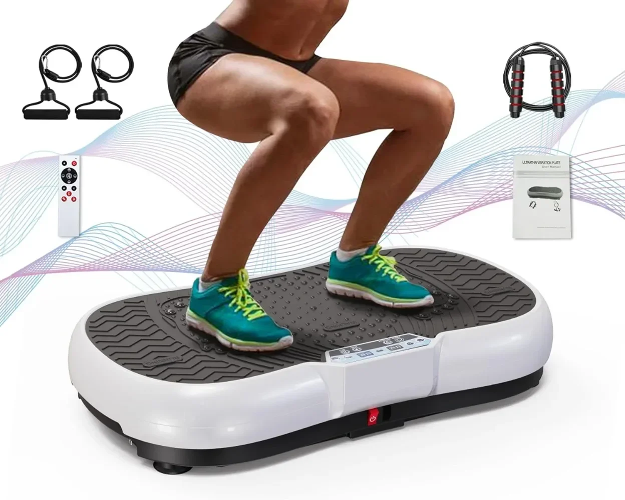 

A Vibration Plate Exercise Machine 10 Modes Whole Body Workout Vibration Fitness Platform w/ Loop Bands Jump Rope Bluetooth