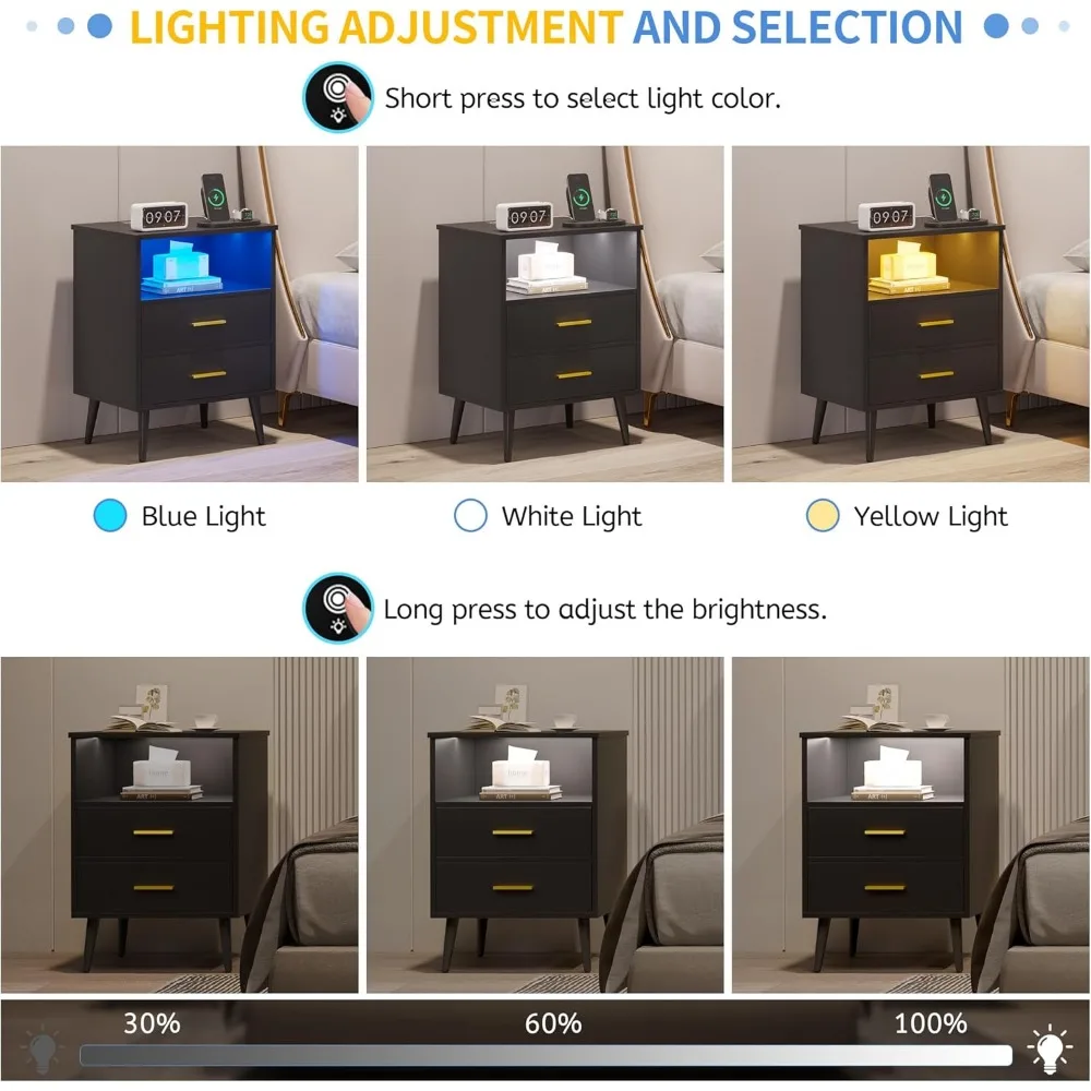 Conjunto de mesa de cabeceira de 2, mesa de cabeceira LED com estação de carregamento, indução de corpo humano, mesa de cabeceira com 2 gavetas e prateleira para quarto