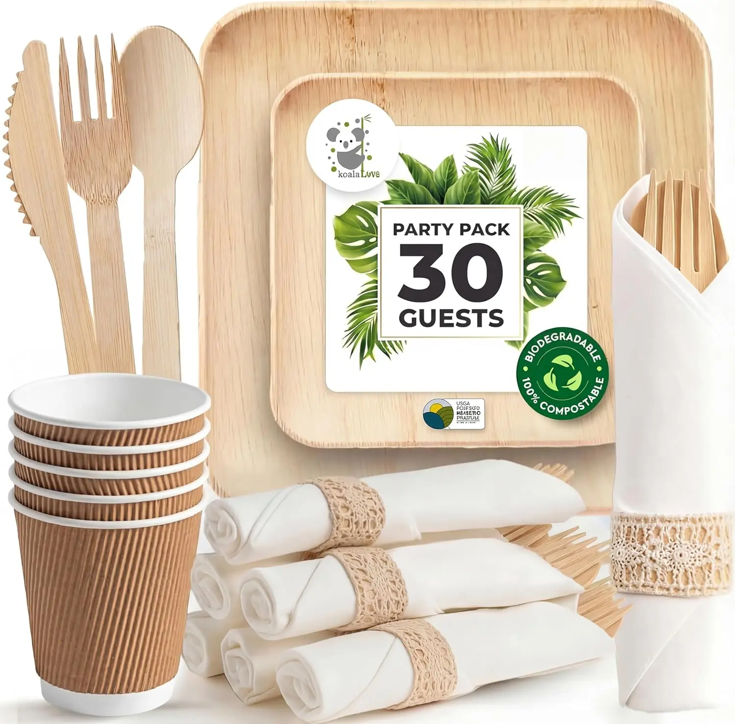 

Elegant Compostable Palm Leaf Plates & Pre-Rolled Bamboo Utensils Set for 30 Guests - Perfect for Weddings and Events