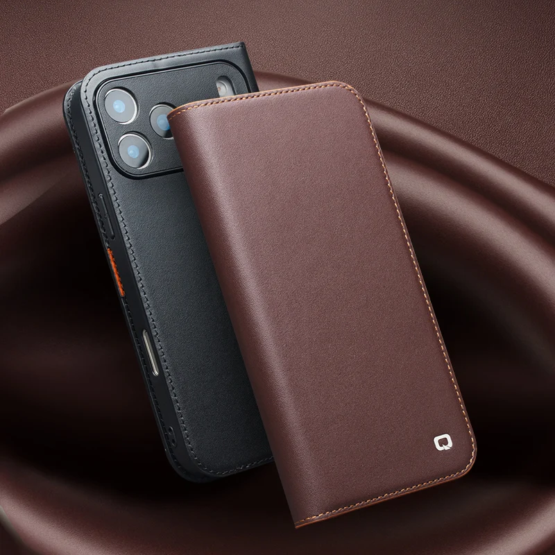 QIALINO Genuine Leather Flip Case for iPhone 17 Plus Handmade Fashion Cover with Card Slots for iPhone 16 15 14 13 Pro Max 17Air