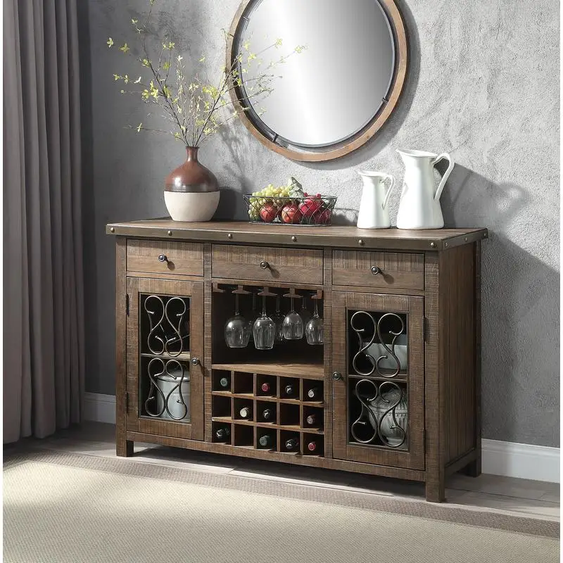 Weathered Cherry Finish Server with Cup Holder & Wine Rack