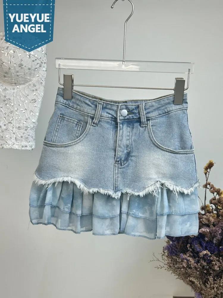 

Women Hot Summer Mesh Spliced Denim Skirt Casual Streetwear Mini Skirts Female Vintage Distressed Stretchy A Line Wrap Skirts