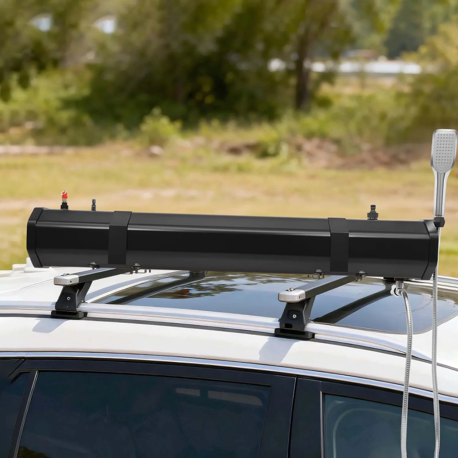 

30L Portable Black Road Shower Set for Outdoor Camping - Hot Water Supply Water Tank with Roof Rack Mount And Flexible Flushing, Max Temperature 60℃/140℉