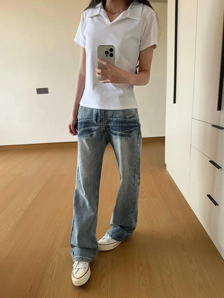 

Cleanfit Straight Leg Slimming Blue Jeans Men's High Street Fla Pattern Jeans Youthful Trendy Water Waed Denim Pants