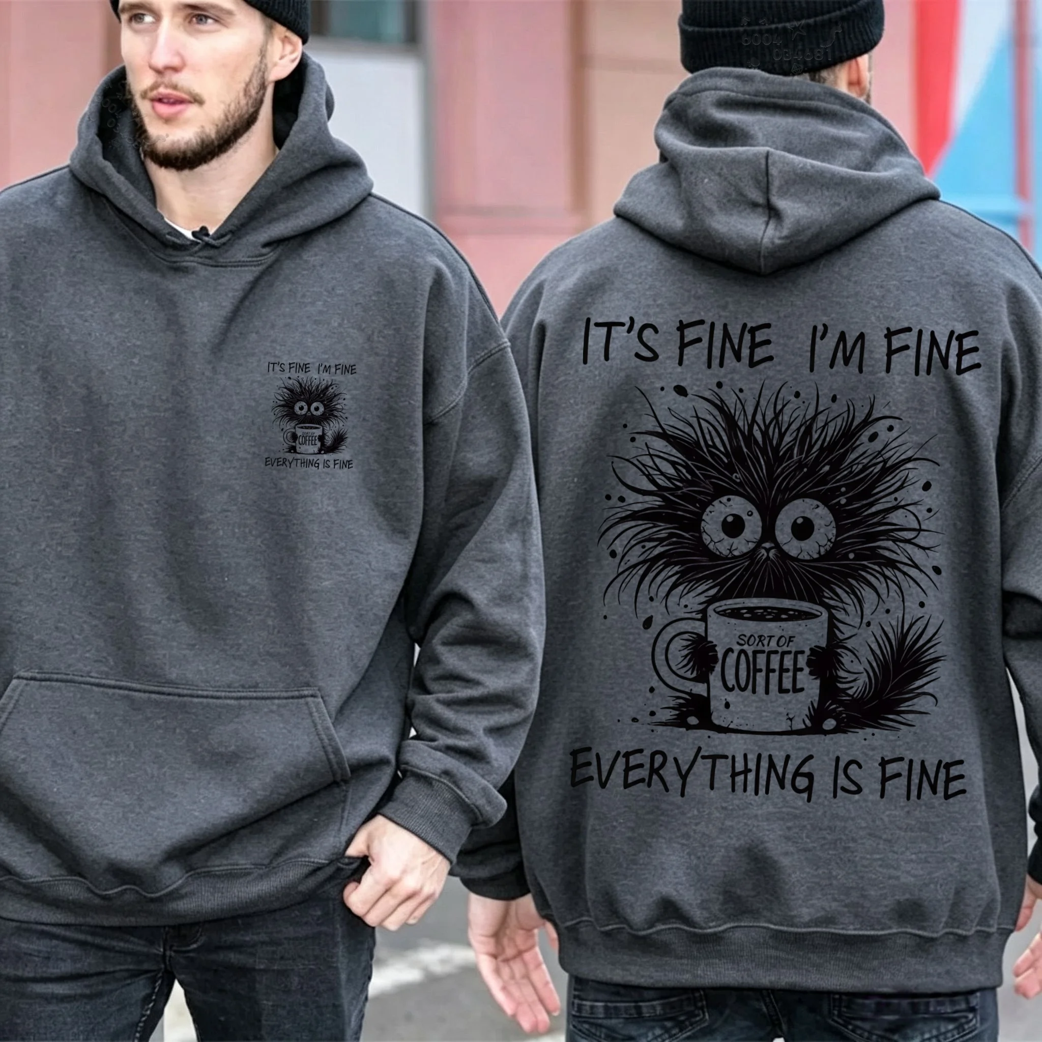 Men Autumn Winter Hoodie Funny Fuzzy Monster Coffee Theme Double Sided Text Print Loose  Pullover Hooded Sweatshirt Streetwear