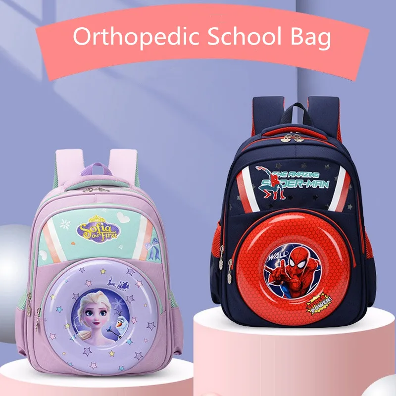 Disney Sofia School Bags For Girls Boys Elsa Spider Man Primary Student Shoulder Orthopedic Backpack Grade 1-3 Kids Gift Mochila