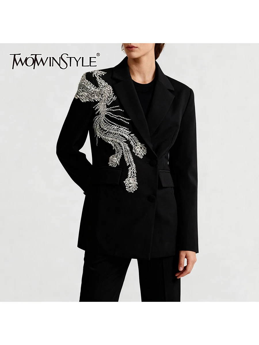 TWOTWINSTYLE Solid Spliced Diamonds Luxurious Blazers for Women Lapel Long Sleeves Tunic Temperament Blazer Female Clothing New