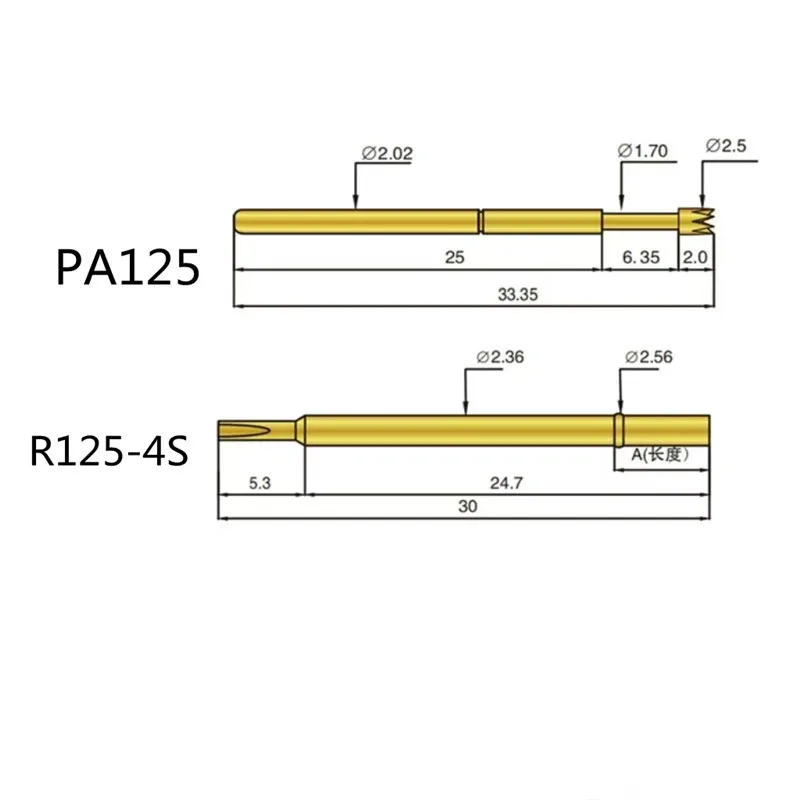 10 pçs/saco sonda banhada a ouro PA125-A2 b1 d2 e2 q2 q1 j1 h2 t2 g2 pino de teste de mola sonda pcb 2.0mm