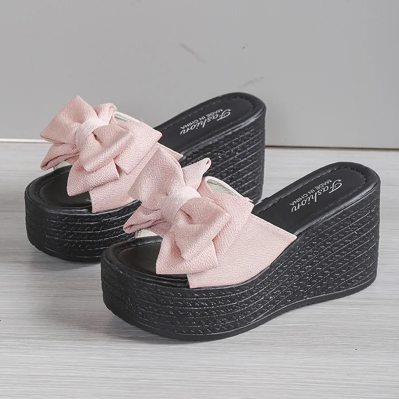 Summer Wedge Slippers Platform Flat Heel Elegant Bow Fake 2023 New Fashion Casual Open Toe Large Slippers