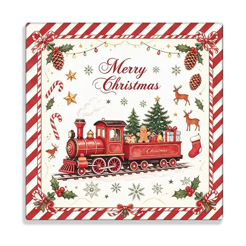 Christmas Placemat, Retro Red Train Christmas Tree Gingerbread Printed Square Dining Table Mat, Portable Desktop Decoration