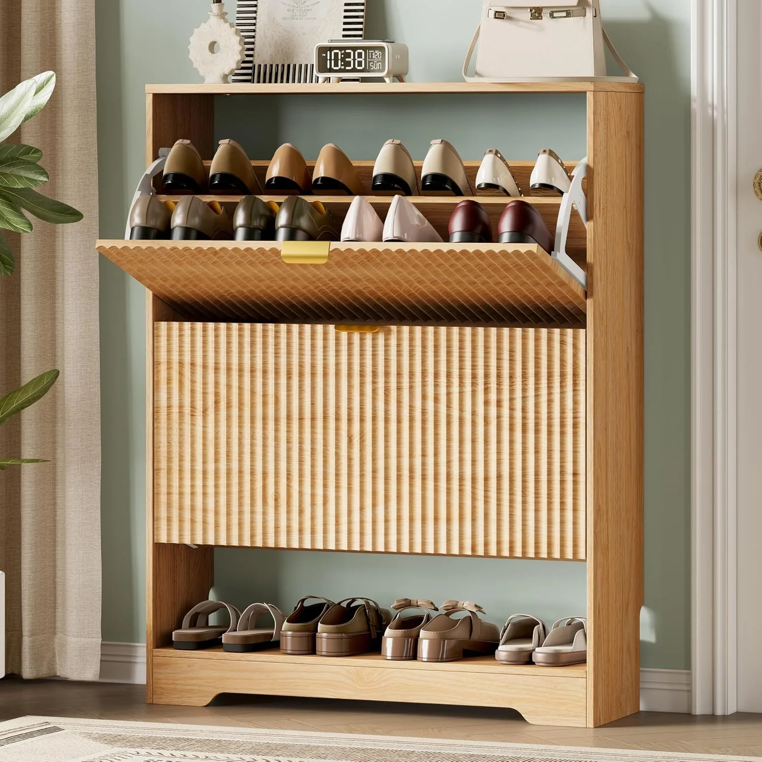 Slim Hidden Wood Fluted Panel Shoe Cabinet with 2 Flip Drawers Storage Organizer for Entryway, Custom