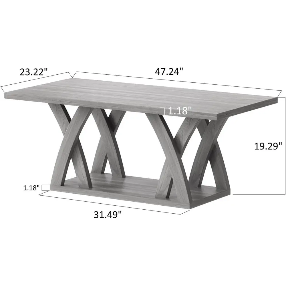 armhouse Coee Table with Shel, Wood Coee Table or Living Room, Open Display Area, 47” Grey