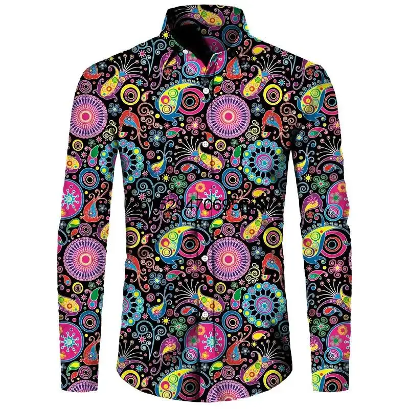 

Men's Fashion Paisley Floral Print Shirts Vintage Style Lapel Button-Up Long Sleeve Tops Hip Hop Men/Women Casual Party Clubwear