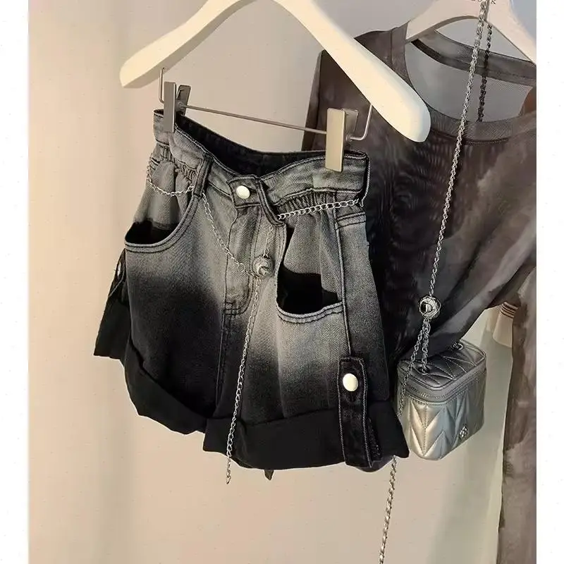 Denim Shorts Women Jeans Vintage Washed A Line High Waist Gradient Straight Trousers Cuffed Hem Y2k Streetwear Beach 2026 Sping