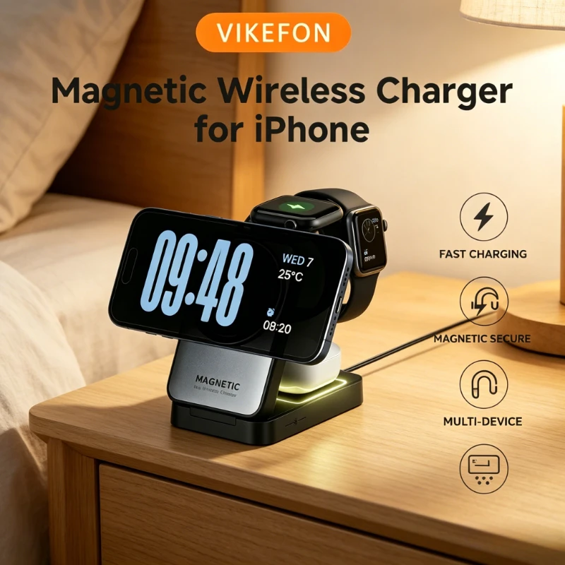 

VIKEFON 3 in 1 Magnetic Wireless Charger Stand For iPhone 17 16 15 14 Apple Watch Fast Charging Dock For Home Office Daily Use