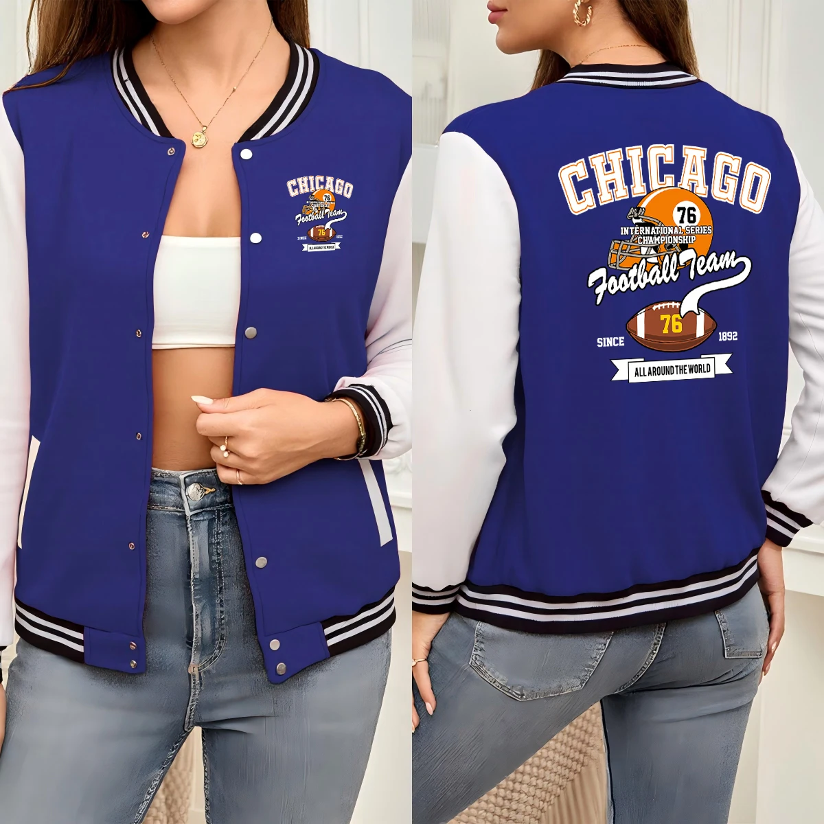 

Chicago Sport Football Team Since 1892 Pattern Streetwear Woman Hip Hop Loose Jacket Warm Casual Veste Harajuku Overdize Jackets