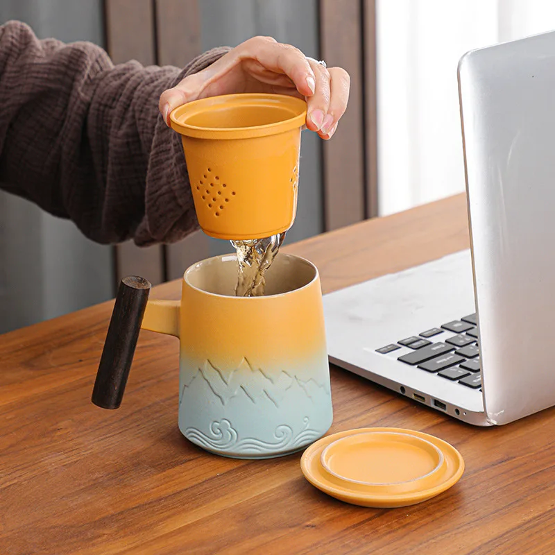 Top Ceramic Retro Coffee Cup Office Water Cup Filter Tea Cup with Cover Cup and Mugs Wooden Handle Caneca Birthday Gift BoxCM061