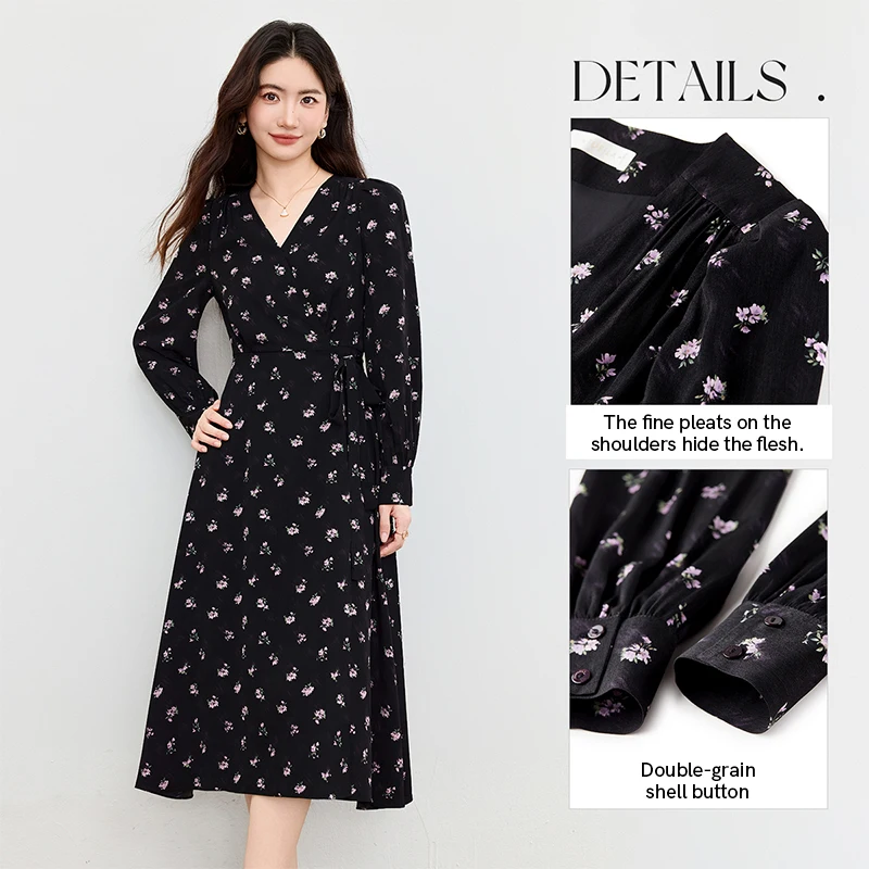 SENTUBILA noir robes à fleurs 2025 femme manches bouffantes robe mi-longue automne nouveau col en v élégant mince vacances vêtements longs 153LO3121