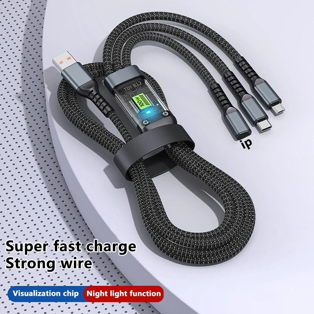 100W 3-in-1 Fast Charging Cable Intelligent Support For Ultra-Fast Charging USB, Visual Power Charging Via Multiple Interfaces