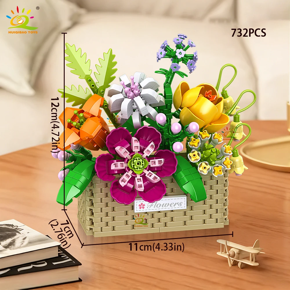 HUIQIBAO MOC Rosen-Sonnenblumen-Blumentopf Mikro-Baustein-Set DIY Blumenstrauß-Korb Mini-Diamant-Bausteine Kinderspielzeug Schreibtisch-Deko – Detail 5
