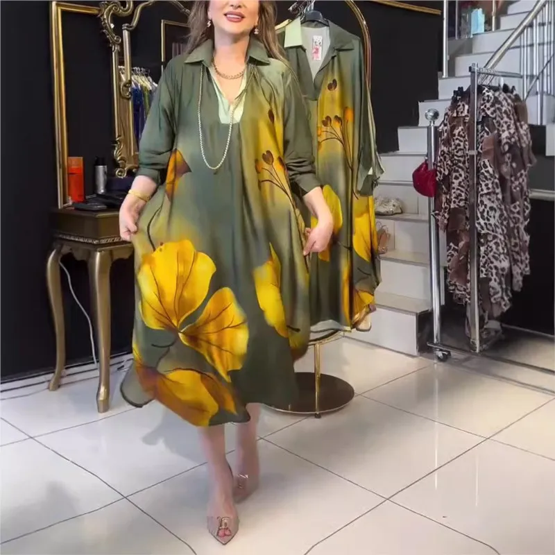 

Summer Elegant Flower Print Loose Long Dresses Women Spring Autumn Lapel Long Sleeve A-line Holiday Dress Office Ladies Vestidos