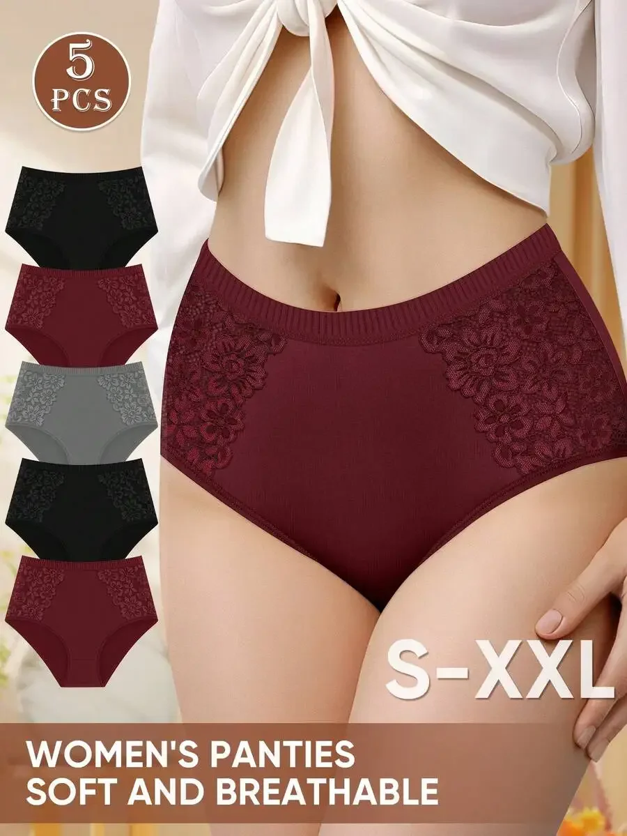

5 Pcs Women High Waist Lace Panties Soft Breathable Full Coverage