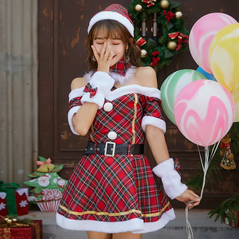 Christmas Adult Women Red Checkered Dress New Year Party Cosplay Santa Dress Suits