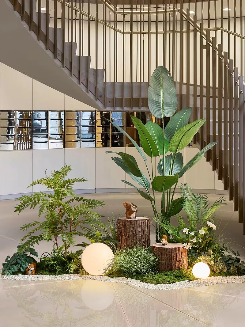 Artificial green plant landscaping decoration combination, indoor entrance, staircase,  tropical landscape plant landscaping