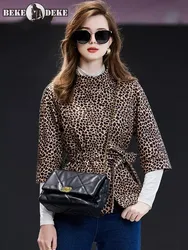 Fashion Women Three Quarter Sleeve Spring Sheepskin Genuine Leather Jacket Vintage Leopard Printed Slim Fit Office Ladies Coat