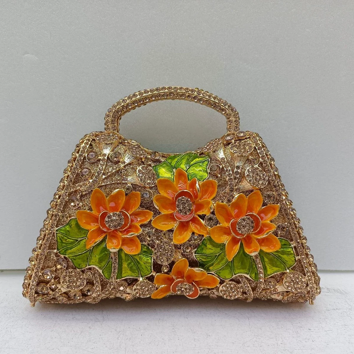 

XIYUAN Sunflower Enamel Rhinestone Evening Bag Gold Floral Crystal Handbag for Wedding Banquet Luxury Top Handle Clutch Purses