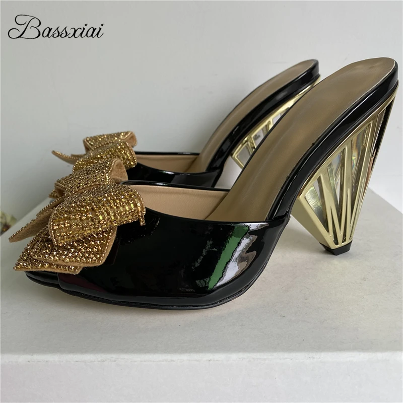 Jeweled Diamond Butterfly-Knot Sandals Women Unique Spike Heel Luxury Patent Leather Slingbacks Summer Mules