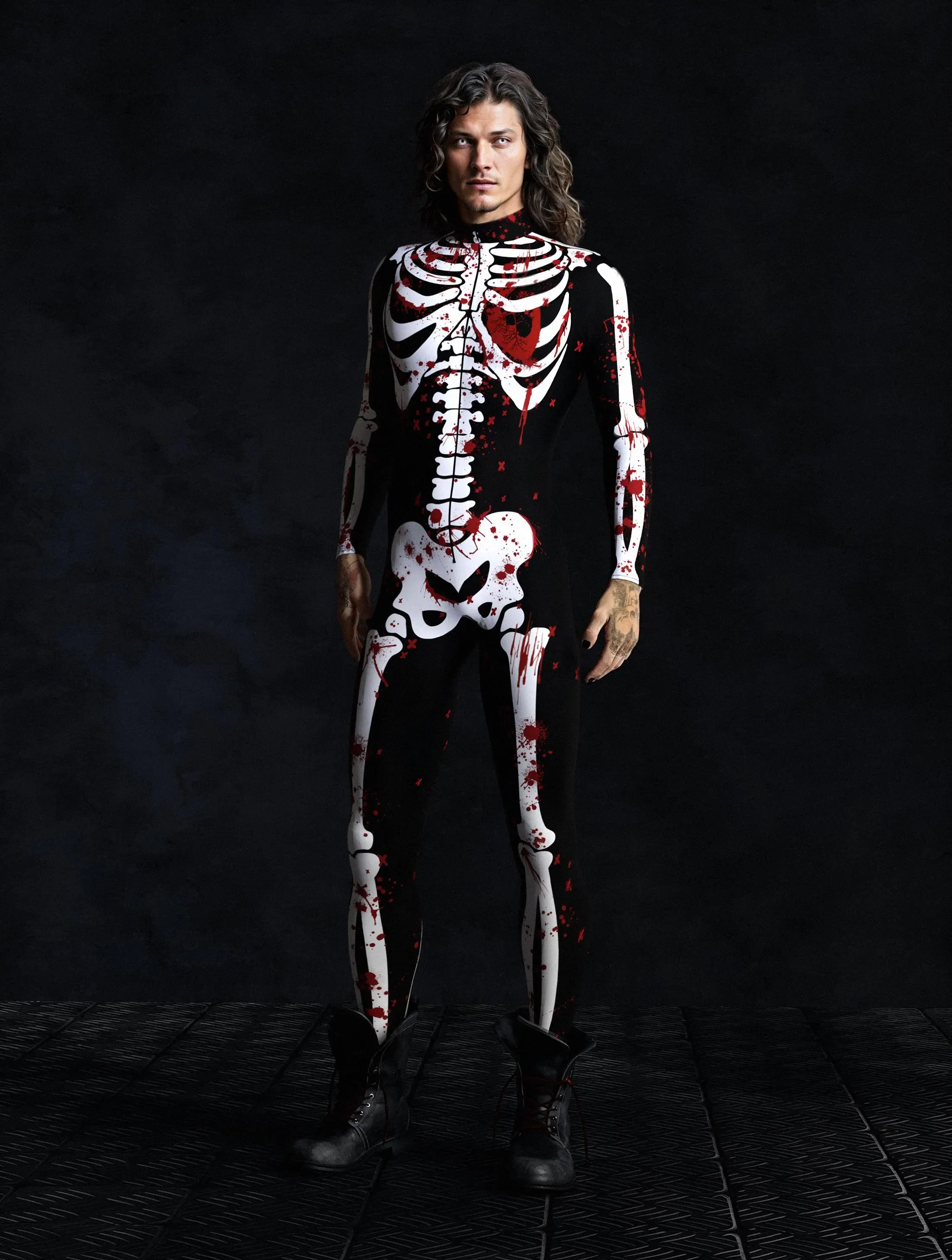 

Unique Men Skeleton Halloween Cosplay Costume Carnival Steampunk Pattern Sexy Slim Jumpsuit Performance Zentai Suit Bodysuit