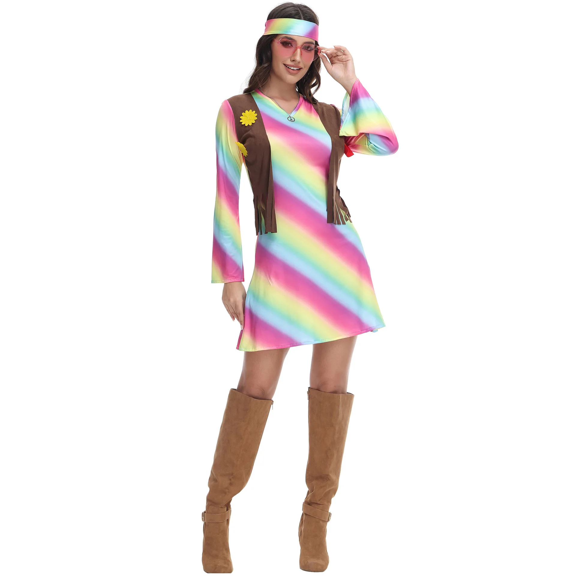 Hippie Disco 60s 70s Cosplay Costume Women Peace Love Girls Hip Indian  Hippie Halloween Carnival Party Dress