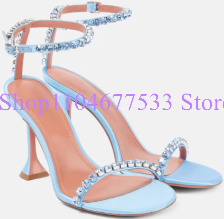 Blue Color Crystal Lady Sandals Fashion Rhinestone Thin Heel Woman Gladiator Sandals Female Dress Party High Heels Pumps Shoes view 3