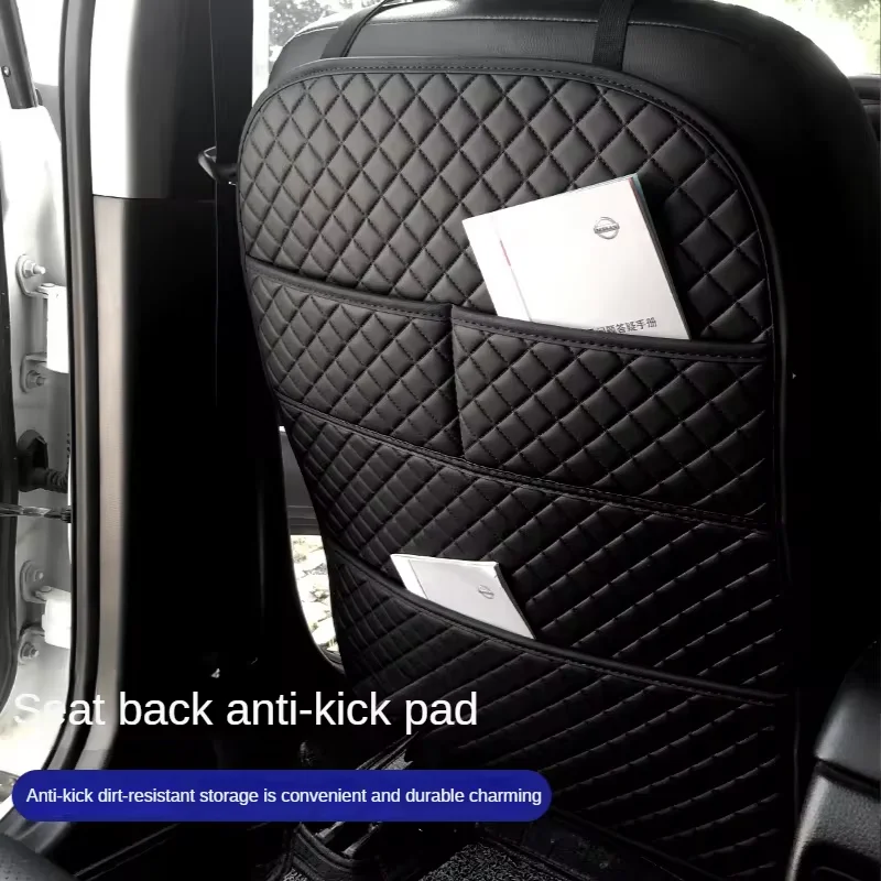 1Pc Universal PU Leather Car Anti Kicks Pad With Organizer Pocket Seat Back Protector Cover Back Car Storage Accessories