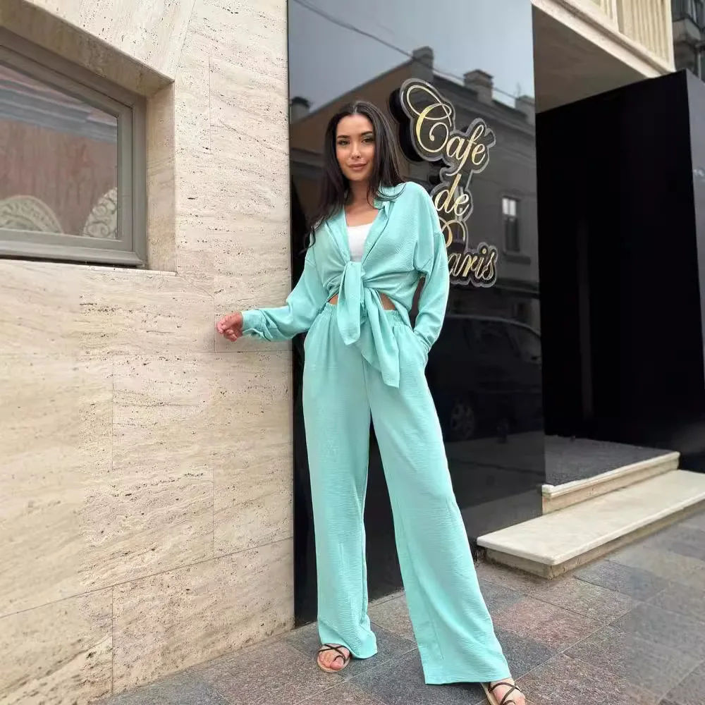 Casual summer pure-color drawstring loose-fitting cotton and linen pure-color shirt and wide-leg pants set