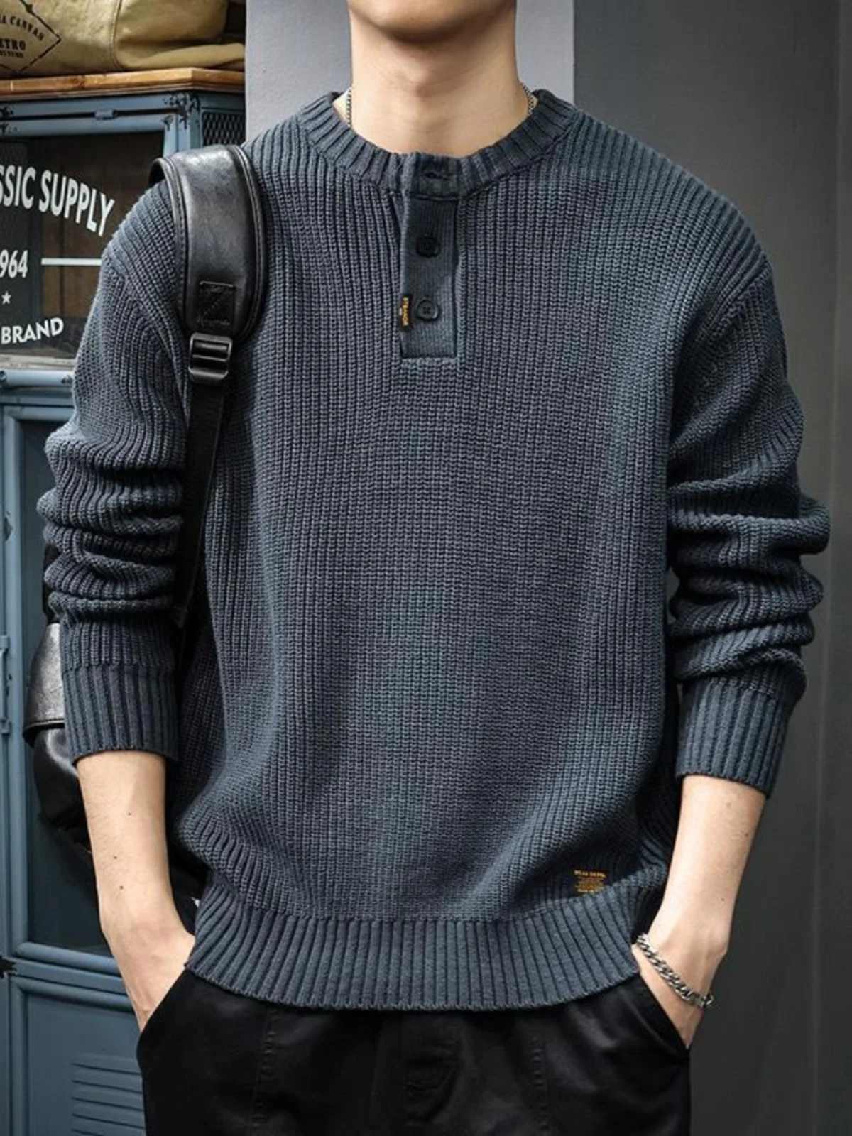 

mat Sle Men's Knitwear Heavyweight Casual Sweater Henry Collar Versatile Retro American Design Long Sve round Ne