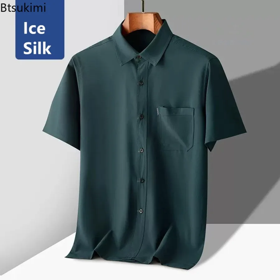 صيف جديد الرجال الصلبة قصيرة الأكمام الأعمال قمصان غير رسمية عالية الجودة الحرير الجليد تنفس التلبيب بلوزة جيب قمصان بيضاء الذكور #4