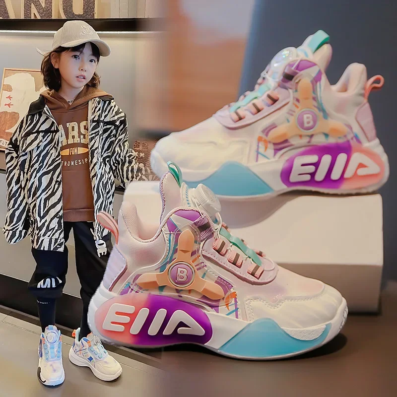 Zapatillas de baloncesto para niños, calzado deportivo antideslizante con hebilla giratoria, fondo suave, a la moda, para primavera y otoño