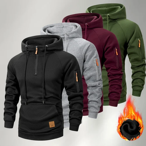Imagen 1 del producto Sudaderas con capucha informales con media cremallera para hombre, sudaderas con cordón y cuello con capucha, sudadera cálida para correr, ropa de calle de manga larga para exteriores, jersey de lana