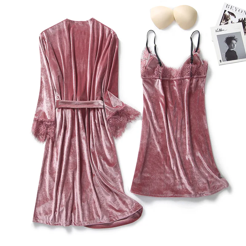 Autumn Winter Velvet Twinset Robe Set Women Sleepwear Sexy Patchwork Lace Nightgown Kimono Bathrobe Gown Loose Velour Home Dress