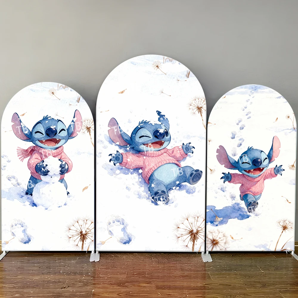 

Disney Stitch Winter Snow Watercolor Arch Backdrop Cover Kawaii Decor Photo Booth Prop for Kids' Party Background