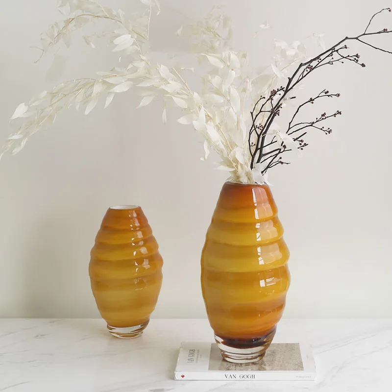 Modern Yellow Brown Glazed Spiral Glass Flower Vase Glazed Vase Living Room Dining Table Centerpieces Entryway Ornaments