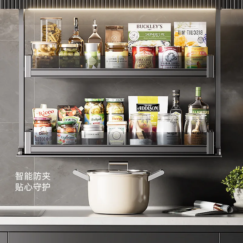 Rak penyimpanan sudut kabinet gantung dinding, berbahan aluminium alloy, pintar, dapat diangkat, diaktifkan dengan suara, dan sentuh.