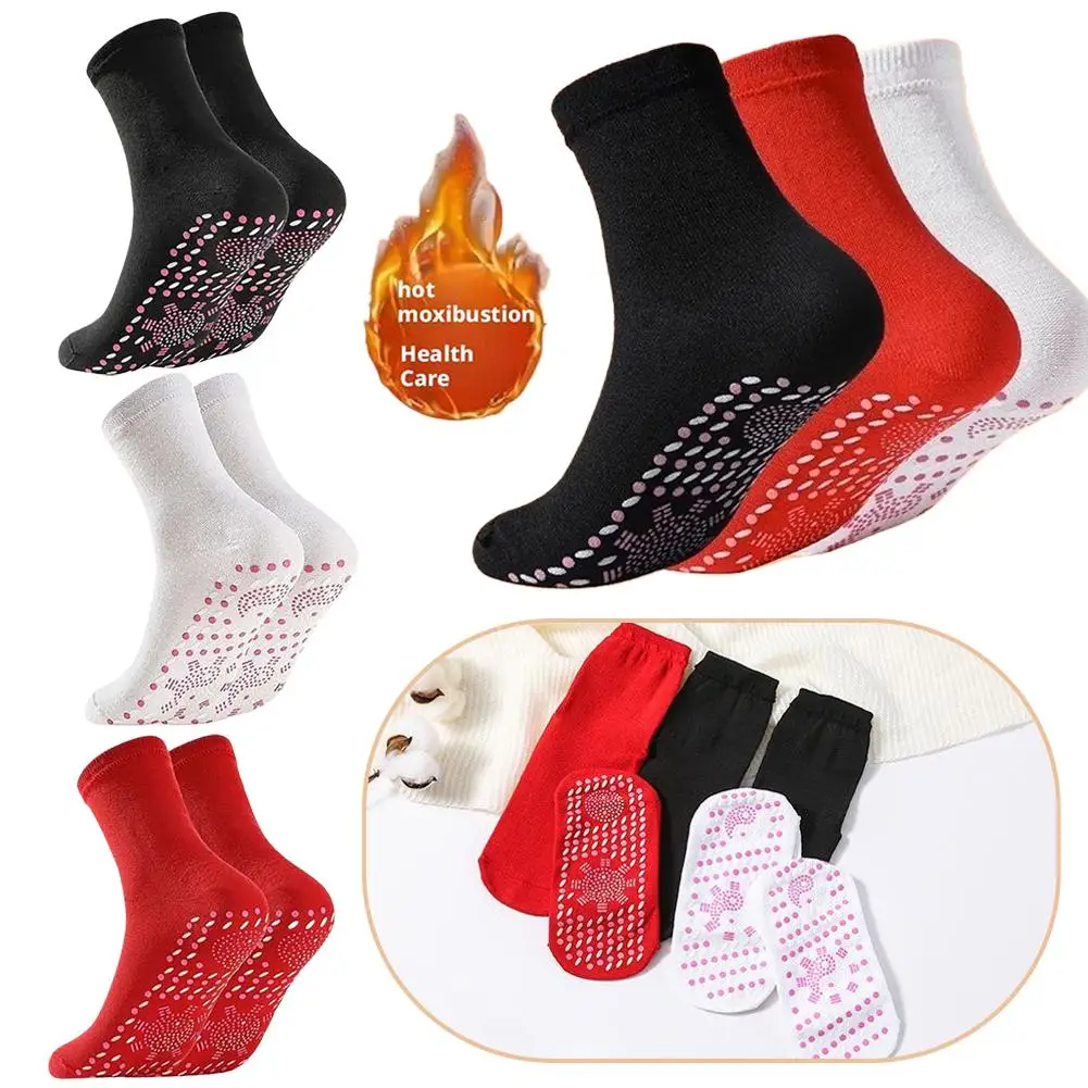 3 Pairs Self-Heating Cotton Socks - Black Red White Tomalin Health Socks Mid-Tube Cold Resistant Sweat-Absorbing Massage Floor