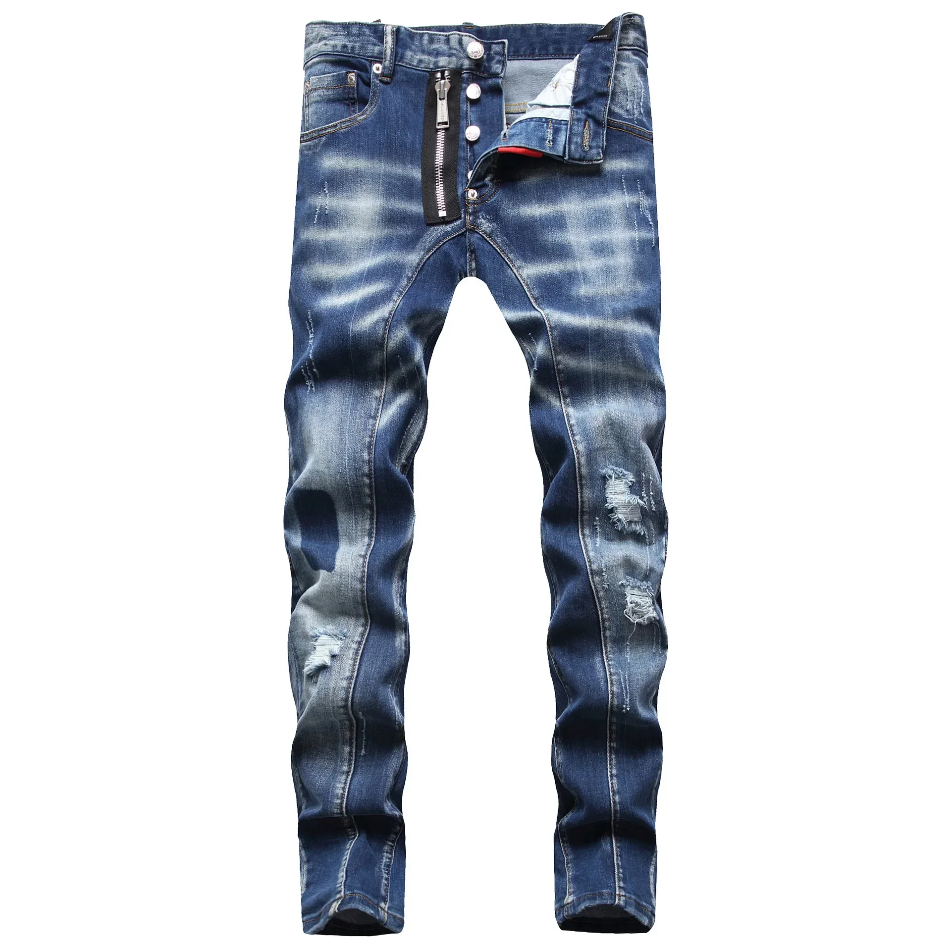 Pantalones vaqueros rasgados para hombre, Jeans largos con agujeros, color azul claro, elásticos, ajustados, ropa de calidad