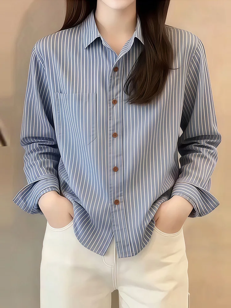 

American Style Long Sleeve Collar Women's Shirt Brown Single Row Multi-Buckle Design Striped Open Cardigan Trendy Fashion